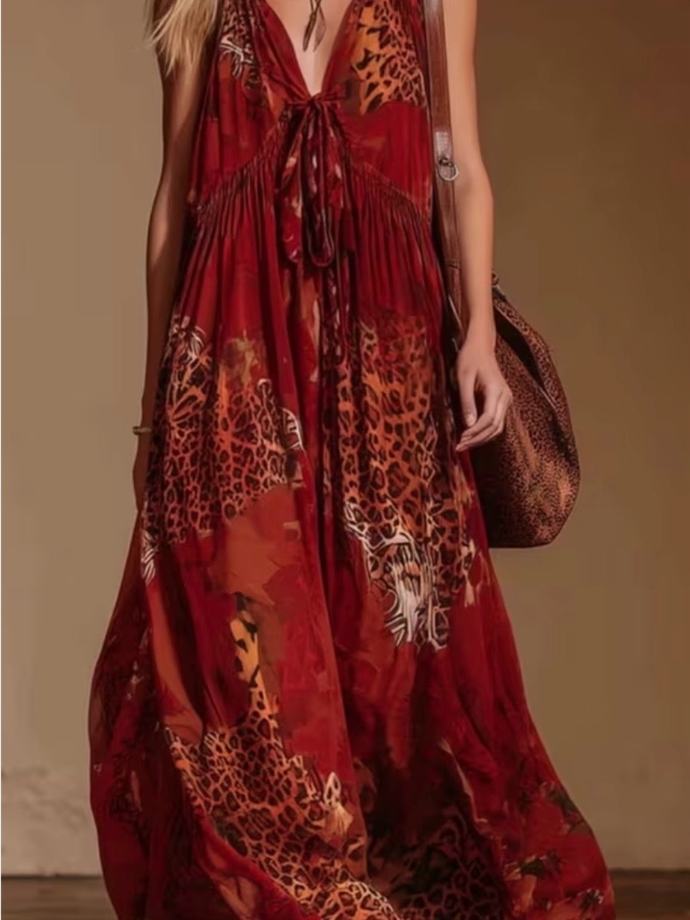 Red Leopard-Print Tie-Front Maxi Dress